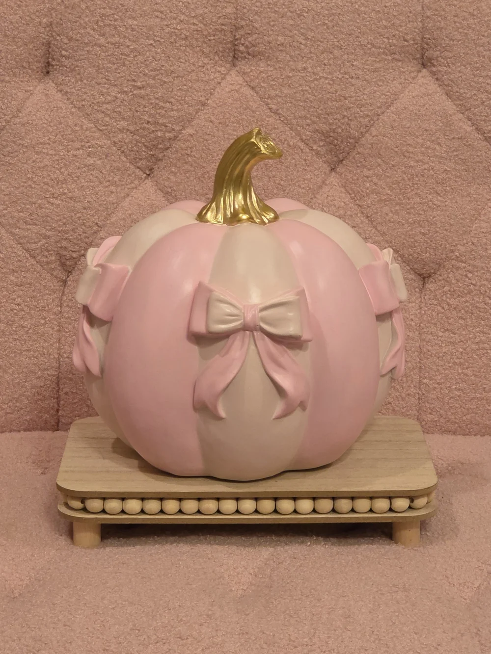 Coquette Pink and Cream Pumpkin w/Bow Accents & Gold Stem -Pink-Halloween Decor